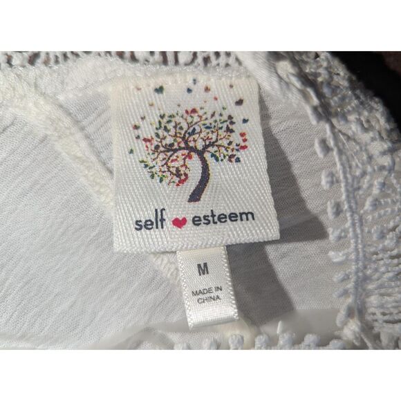 Self Esteem Embroidered Peasant Blouse M White Blue Floral Boho Smocked - Picture 3 of 6